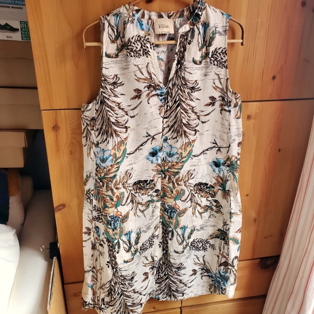 Elie By Elie Tahari Beige Floral Linen Sleeveless Dress Size Medium